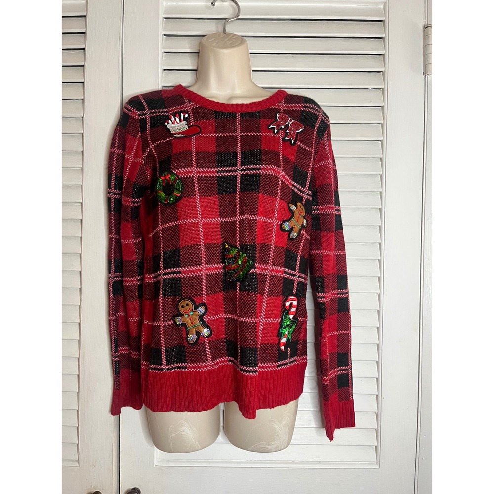 Holiday Time Womens Red Black Plaid Sequin Patch Christmas Sweater Small 4-6